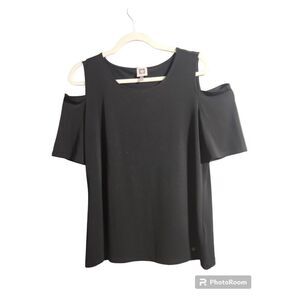 Anne Klein Top Womens M Black Cold Shoulder‎ Sleeve Loose Stretch Tunic Blouse